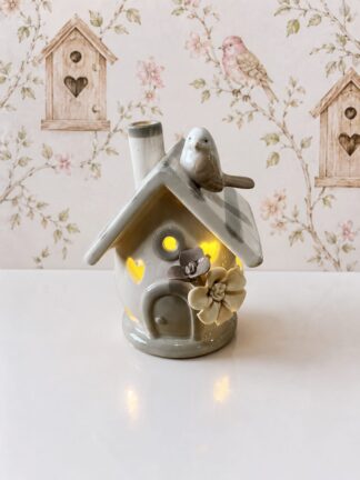 Casinha Passarinho Porcelana C/ Luz cinza