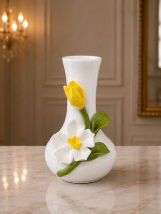 Vasinho liso flor branca maior e flor amarela menor em cima
